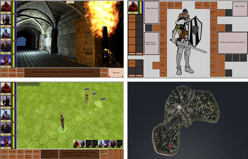 Top left: The GUI of the first person ; top right : GUI inventory; below left : GUI for battle ; bottom right : traveling around the map.